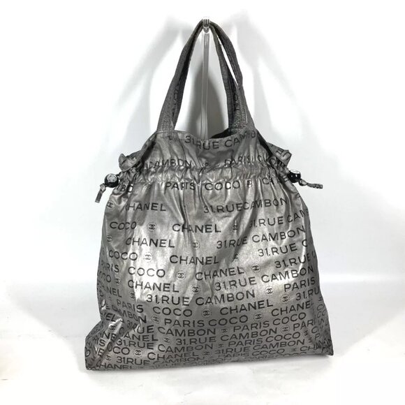 CHANEL logo Unlimited Drawstring Tote bag Shoulder Bag Nylon Silver/Black - Picture 3 of 16